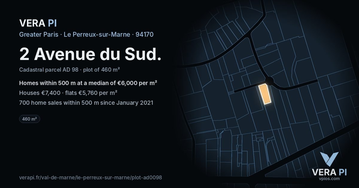2 Avenue du Sud, Le Perreux-sur-Marne at night – the plot lit, the parcels around coloured by the prices near them