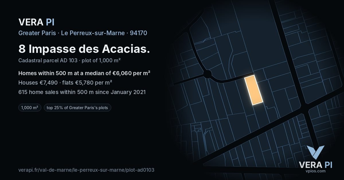 8 Impasse des Acacias, Le Perreux-sur-Marne at night – the plot lit, the parcels around coloured by the prices near them