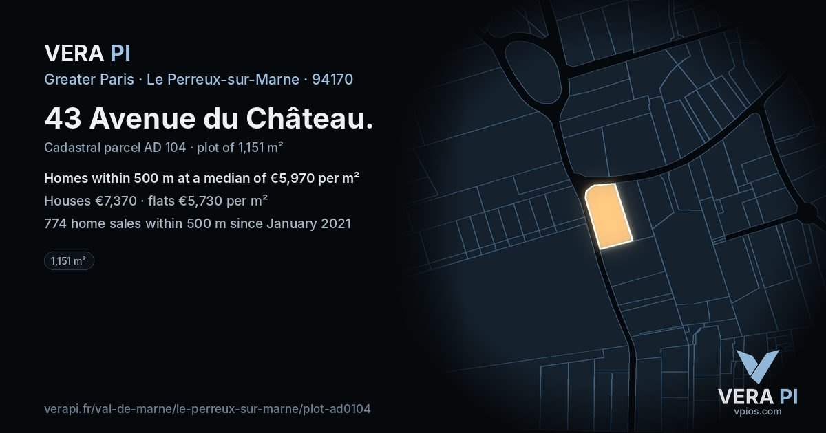 43 Avenue du Château, Le Perreux-sur-Marne at night – the plot lit, the parcels around coloured by the prices near them