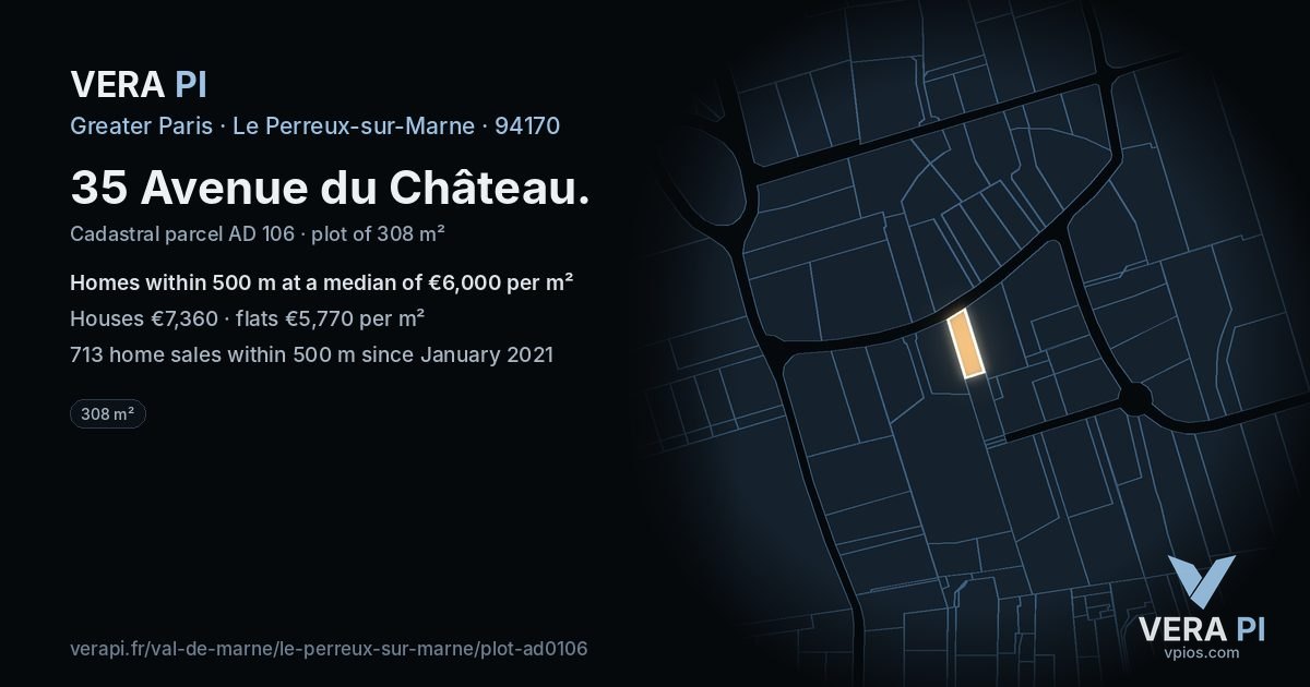 35 Avenue du Château, Le Perreux-sur-Marne at night – the plot lit, the parcels around coloured by the prices near them