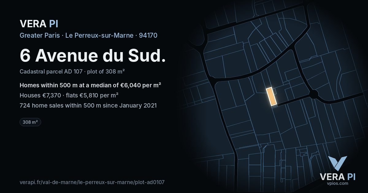 6 Avenue du Sud, Le Perreux-sur-Marne at night – the plot lit, the parcels around coloured by the prices near them