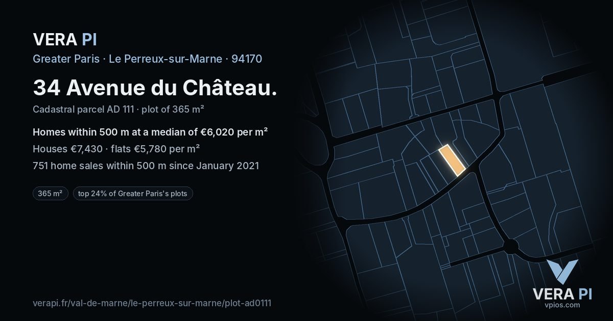 34 Avenue du Château, Le Perreux-sur-Marne at night – the plot lit, the parcels around coloured by the prices near them