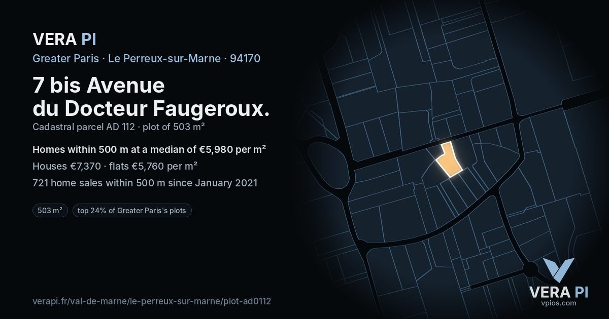 7 bis Avenue du Docteur Faugeroux, Le Perreux-sur-Marne at night – the plot lit, the parcels around coloured by the prices near them