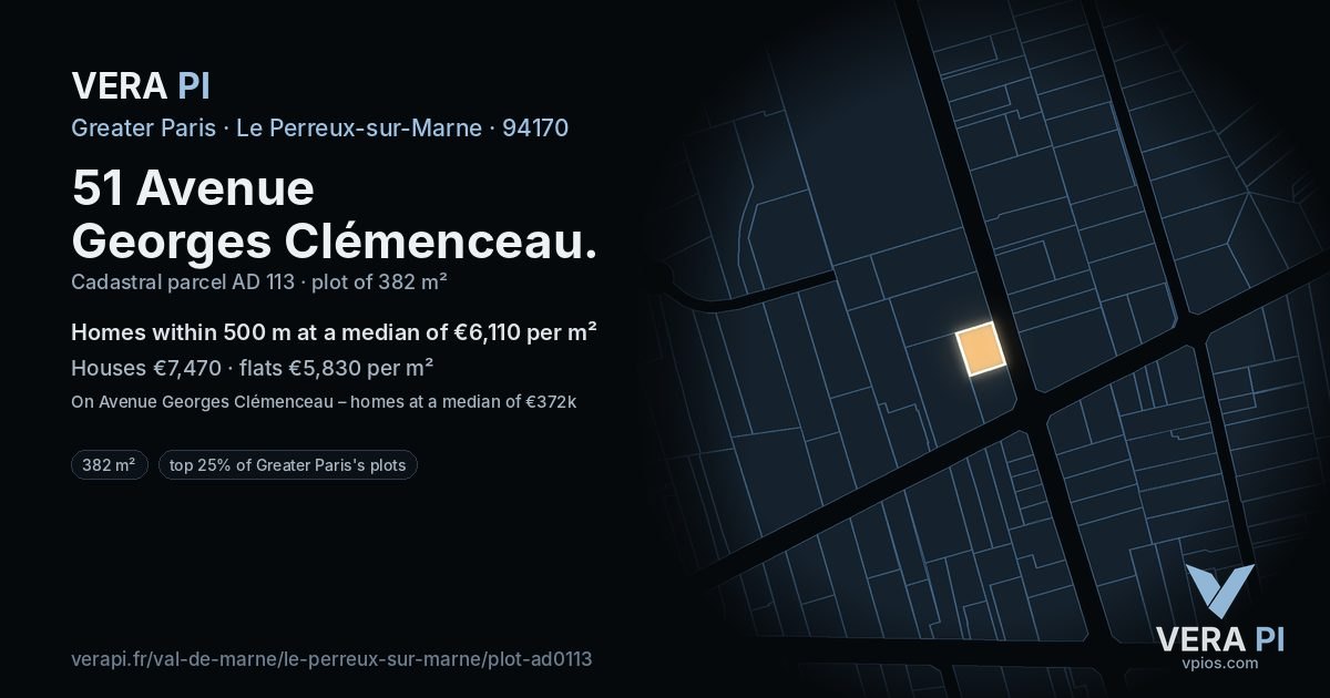 51 Avenue Georges Clémenceau, Le Perreux-sur-Marne at night – the plot lit, the parcels around coloured by the prices near them