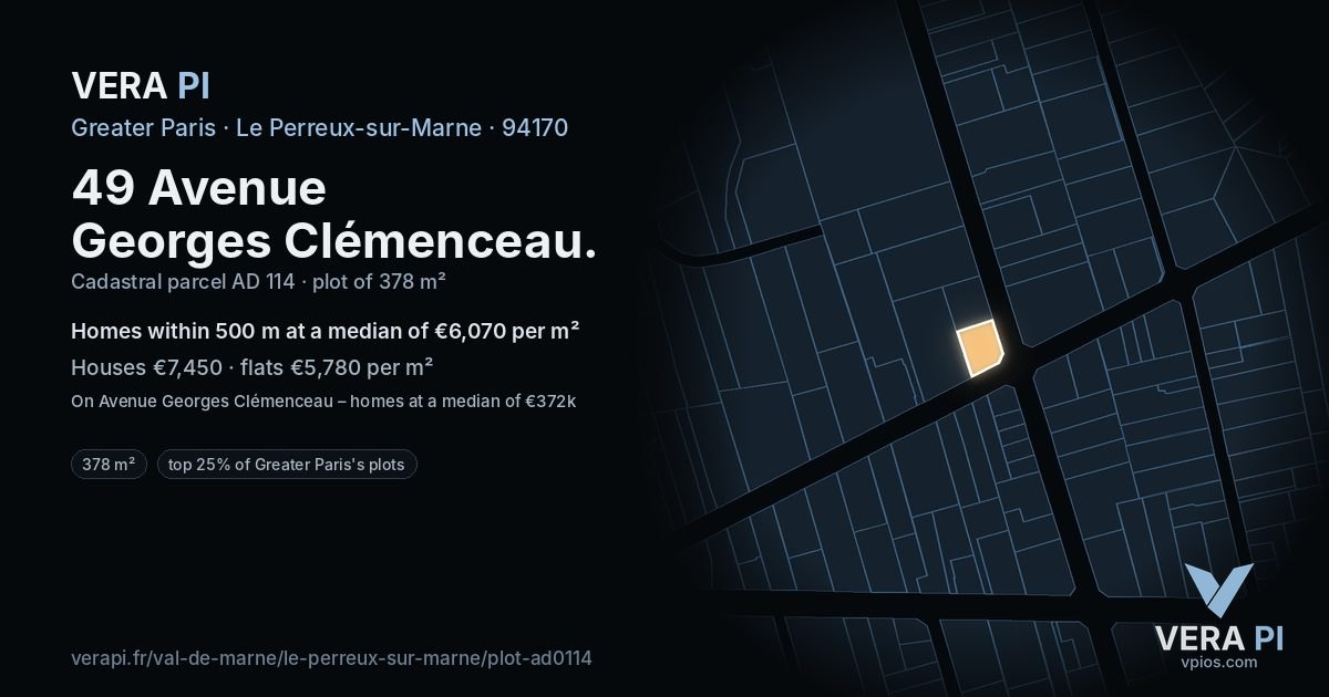 49 Avenue Georges Clémenceau, Le Perreux-sur-Marne at night – the plot lit, the parcels around coloured by the prices near them