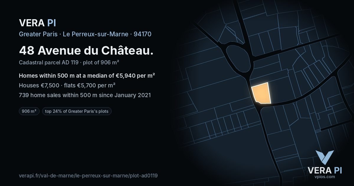 48 Avenue du Château, Le Perreux-sur-Marne at night – the plot lit, the parcels around coloured by the prices near them