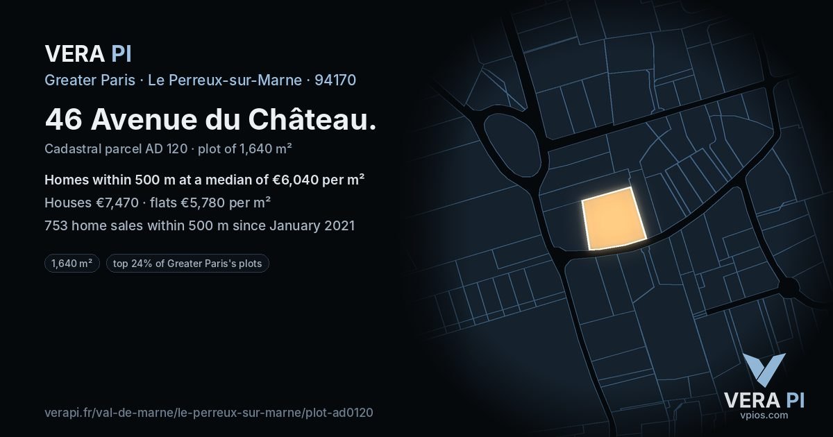 46 Avenue du Château, Le Perreux-sur-Marne at night – the plot lit, the parcels around coloured by the prices near them