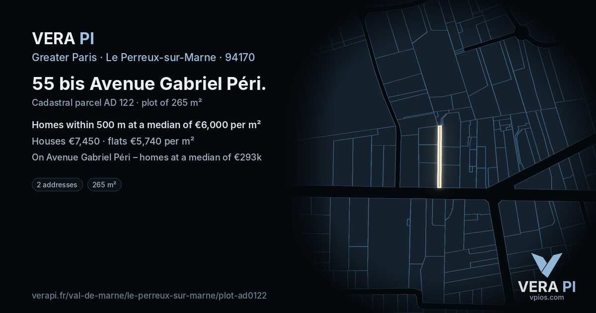 55 bis Avenue Gabriel Péri, Le Perreux-sur-Marne at night – the plot lit, the parcels around coloured by the prices near them