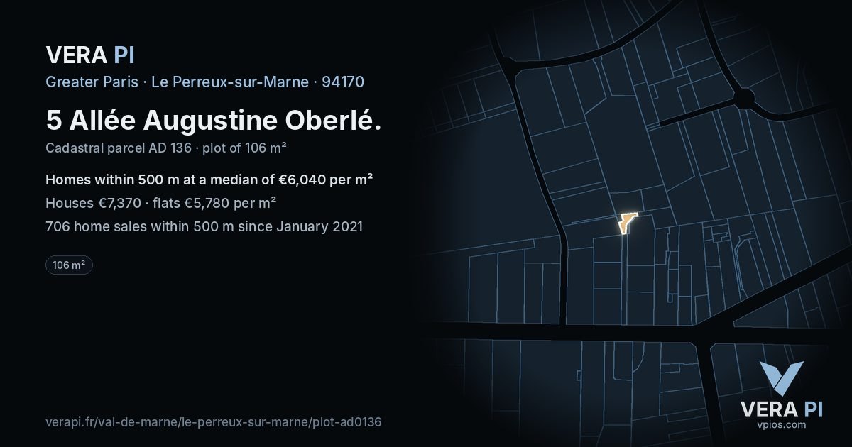 5 Allée Augustine Oberlé, Le Perreux-sur-Marne at night – the plot lit, the parcels around coloured by the prices near them