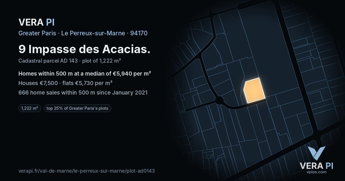 9 Impasse des Acacias, Le Perreux-sur-Marne at night – the plot lit, the parcels around coloured by the prices near them