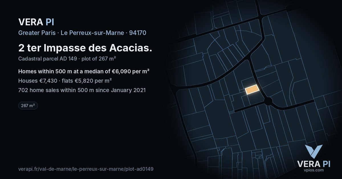 2 ter Impasse des Acacias, Le Perreux-sur-Marne at night – the plot lit, the parcels around coloured by the prices near them
