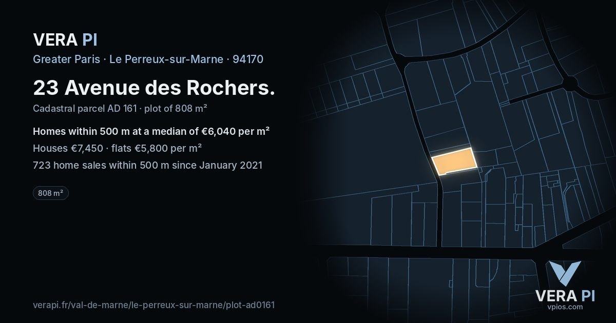 23 Avenue des Rochers, Le Perreux-sur-Marne at night – the plot lit, the parcels around coloured by the prices near them