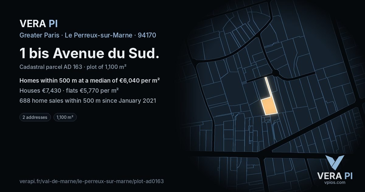 1 bis Avenue du Sud, Le Perreux-sur-Marne at night – the plot lit, the parcels around coloured by the prices near them
