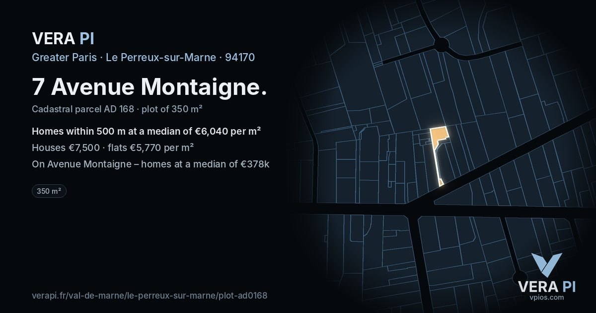 7 Avenue Montaigne, Le Perreux-sur-Marne at night – the plot lit, the parcels around coloured by the prices near them