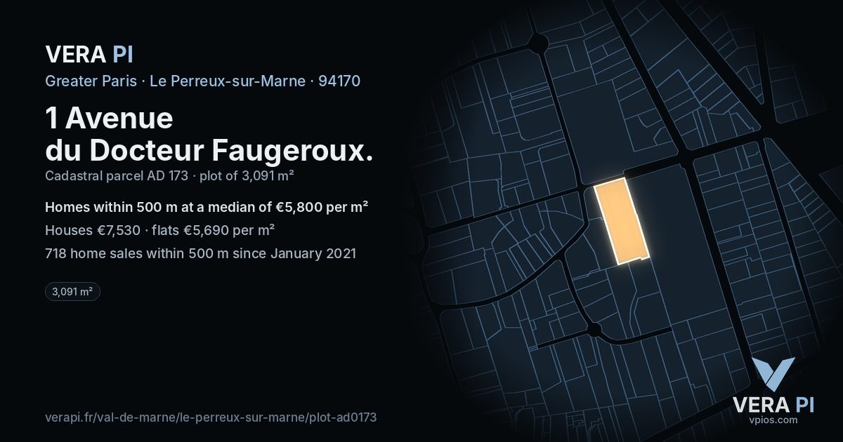 1 Avenue du Docteur Faugeroux, Le Perreux-sur-Marne at night – the plot lit, the parcels around coloured by the prices near them