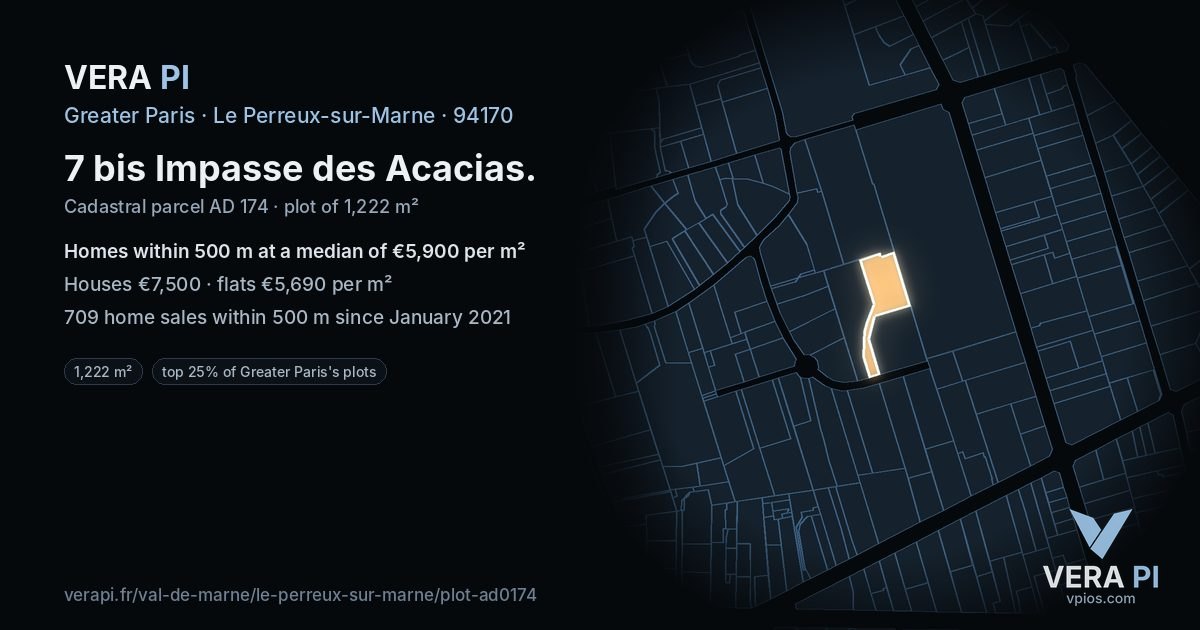 7 bis Impasse des Acacias, Le Perreux-sur-Marne at night – the plot lit, the parcels around coloured by the prices near them