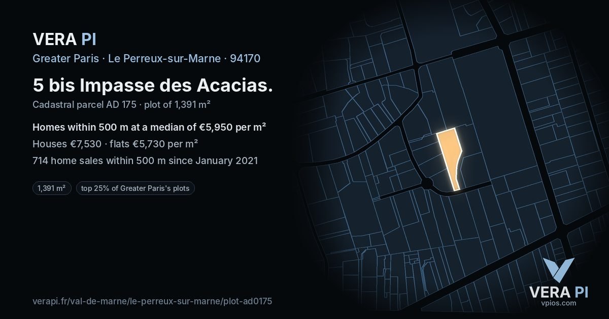 5 bis Impasse des Acacias, Le Perreux-sur-Marne at night – the plot lit, the parcels around coloured by the prices near them