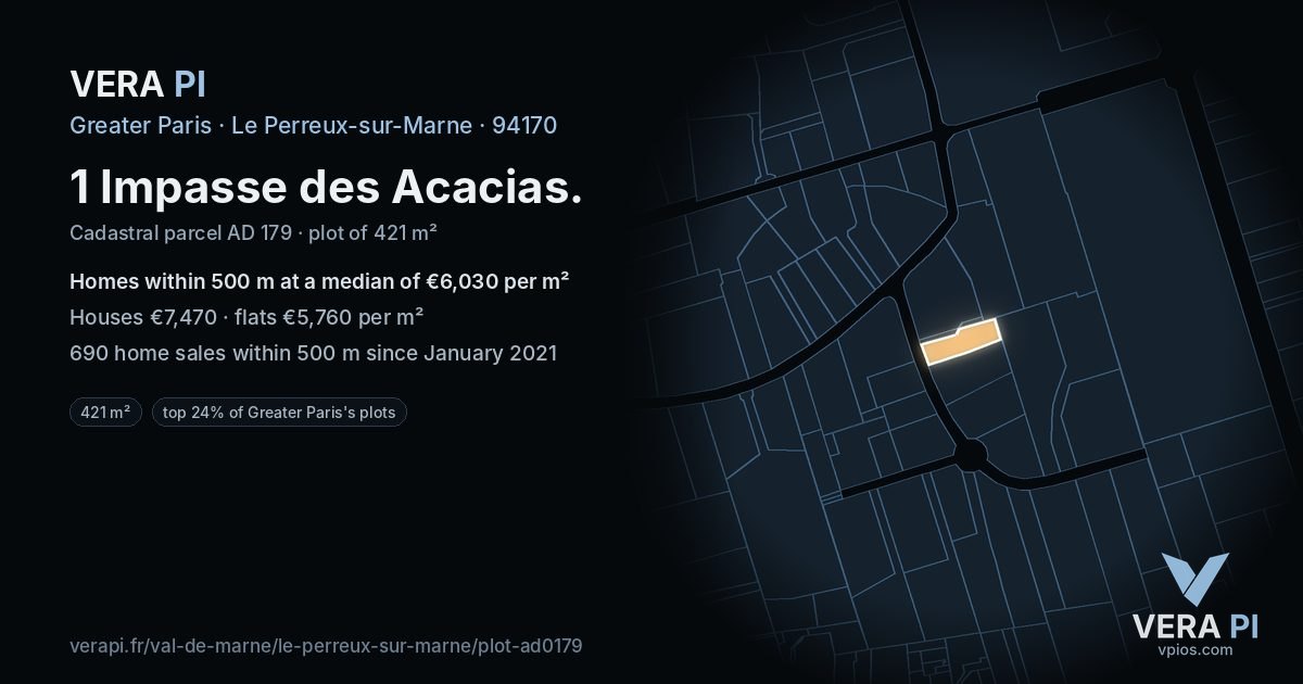 1 Impasse des Acacias, Le Perreux-sur-Marne at night – the plot lit, the parcels around coloured by the prices near them