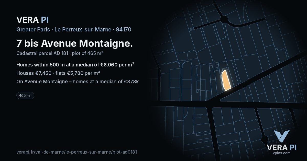 7 bis Avenue Montaigne, Le Perreux-sur-Marne at night – the plot lit, the parcels around coloured by the prices near them
