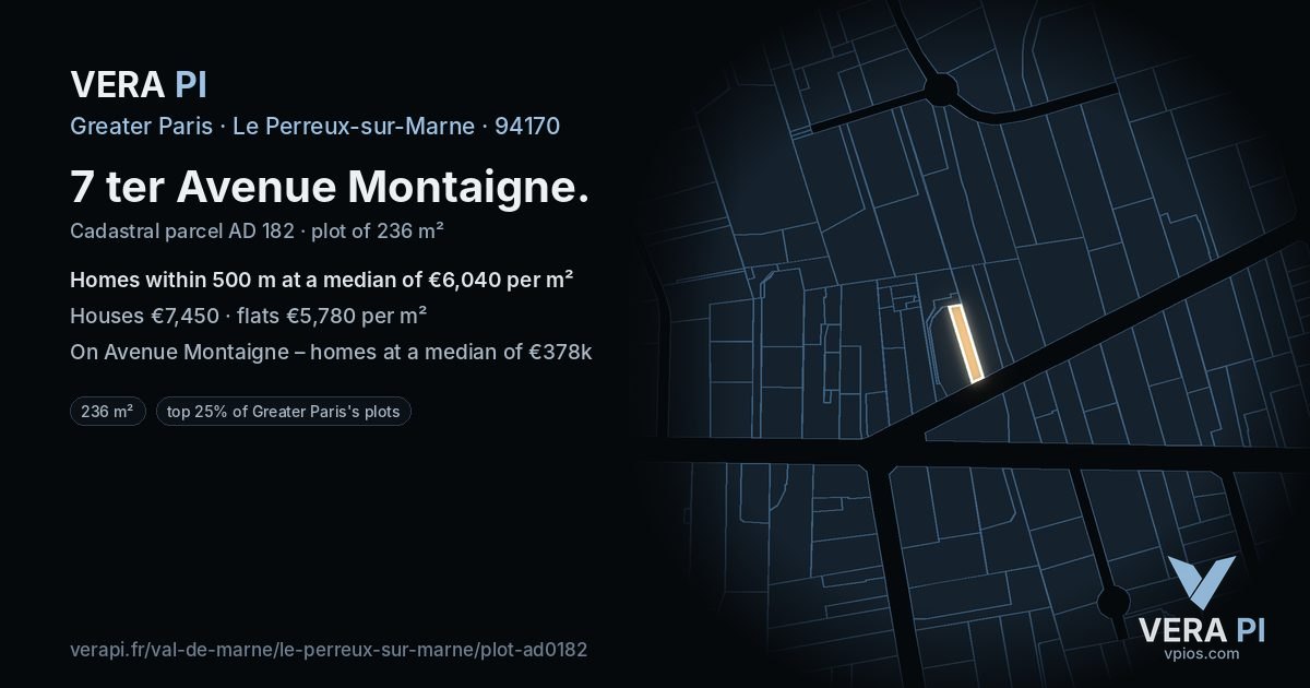 7 ter Avenue Montaigne, Le Perreux-sur-Marne at night – the plot lit, the parcels around coloured by the prices near them