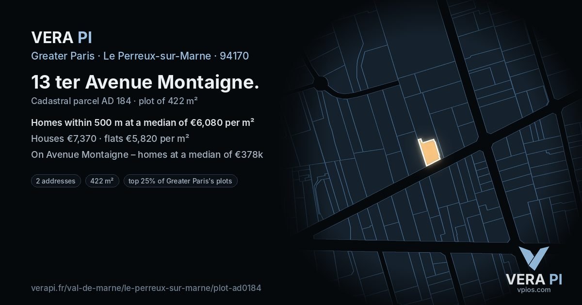 13 ter Avenue Montaigne, Le Perreux-sur-Marne at night – the plot lit, the parcels around coloured by the prices near them
