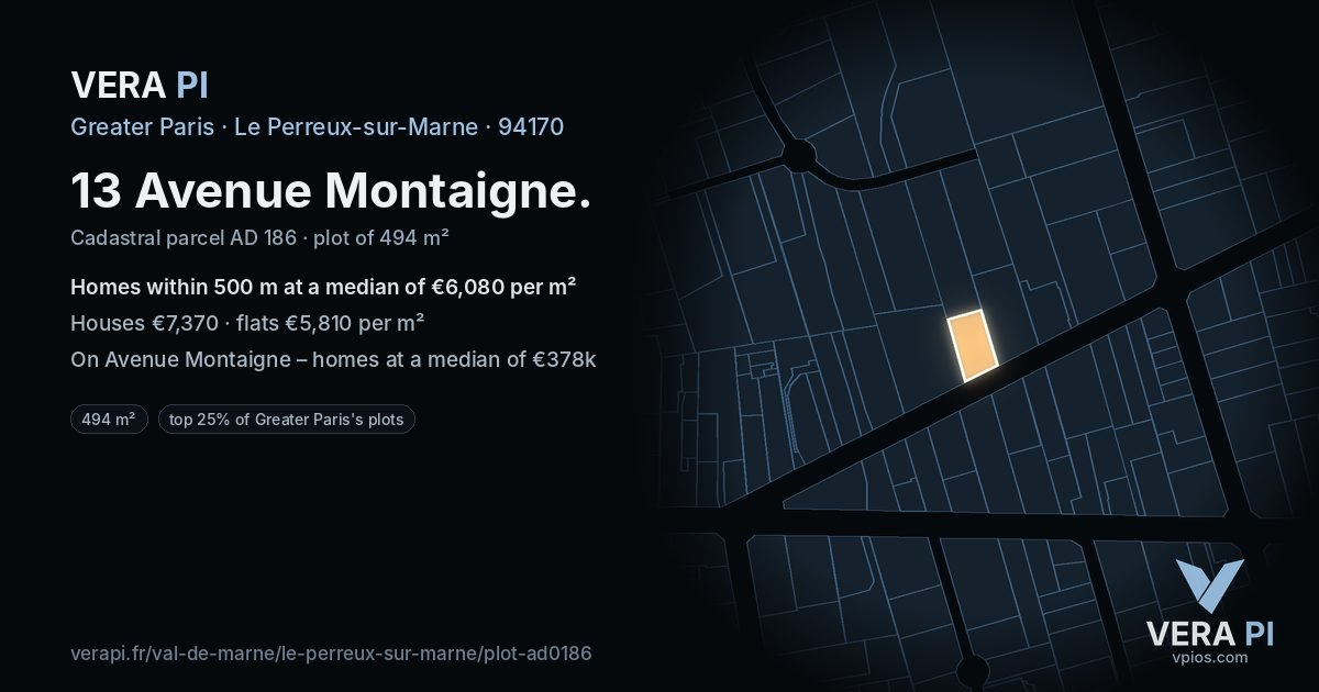 13 Avenue Montaigne, Le Perreux-sur-Marne at night – the plot lit, the parcels around coloured by the prices near them