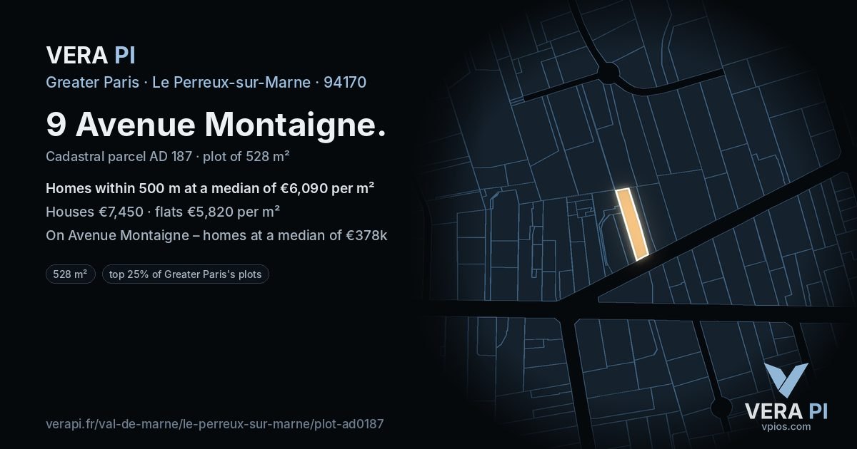 9 Avenue Montaigne, Le Perreux-sur-Marne at night – the plot lit, the parcels around coloured by the prices near them