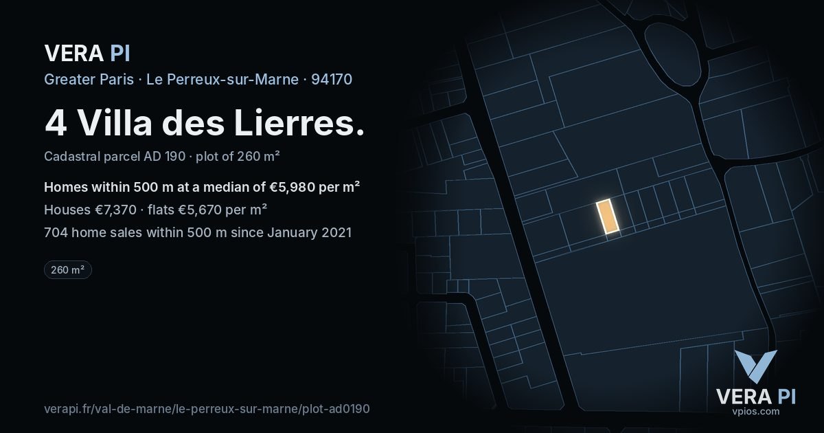 4 Villa des Lierres, Le Perreux-sur-Marne at night – the plot lit, the parcels around coloured by the prices near them