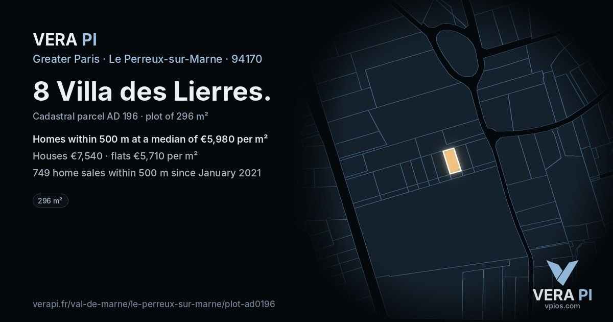 8 Villa des Lierres, Le Perreux-sur-Marne at night – the plot lit, the parcels around coloured by the prices near them