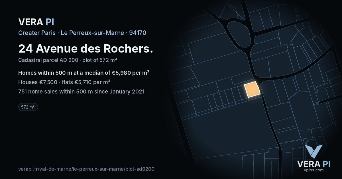 24 Avenue des Rochers, Le Perreux-sur-Marne at night – the plot lit, the parcels around coloured by the prices near them