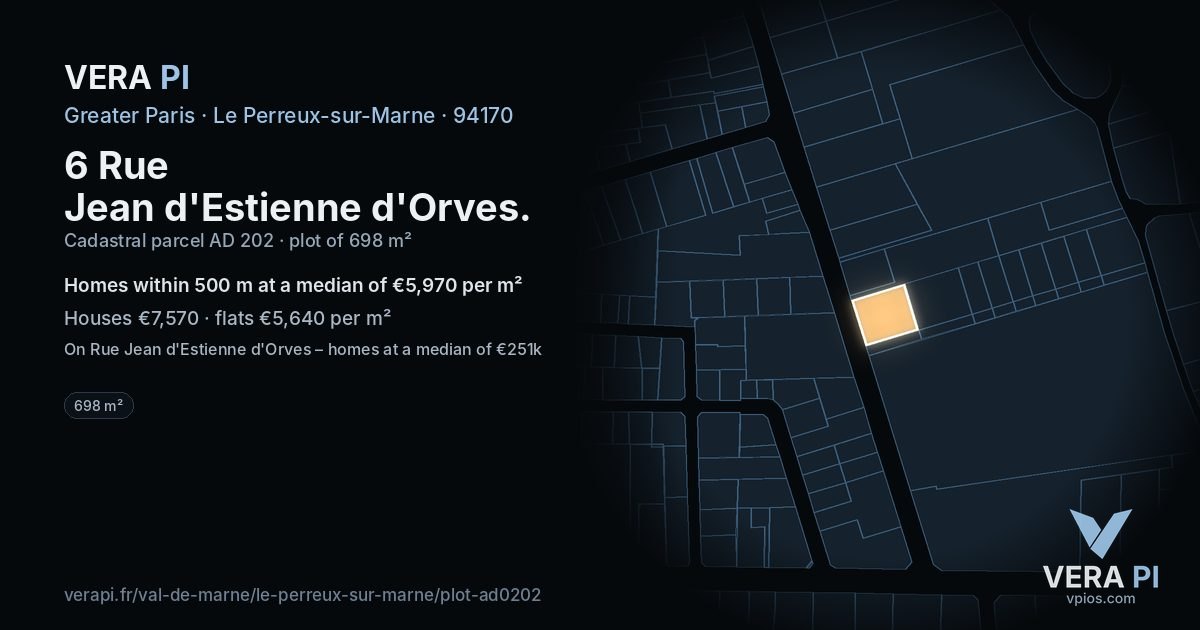 6 Rue Jean d'Estienne d'Orves, Le Perreux-sur-Marne at night – the plot lit, the parcels around coloured by the prices near them
