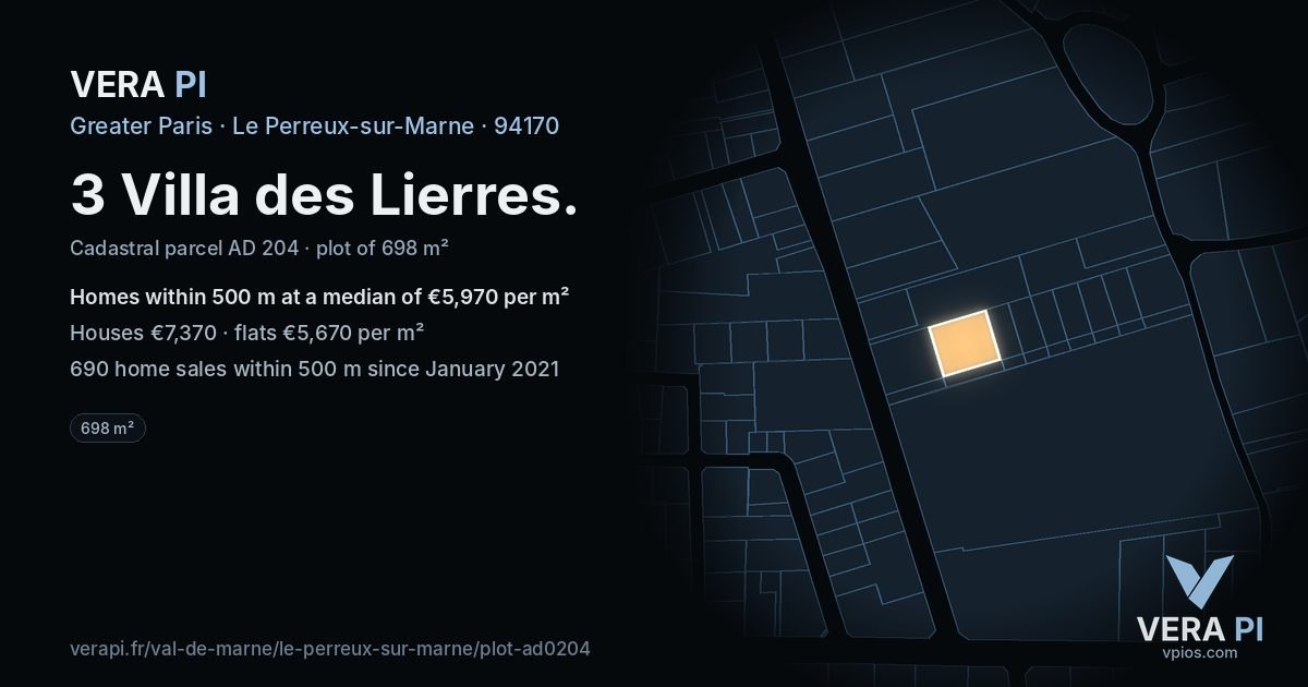 3 Villa des Lierres, Le Perreux-sur-Marne at night – the plot lit, the parcels around coloured by the prices near them