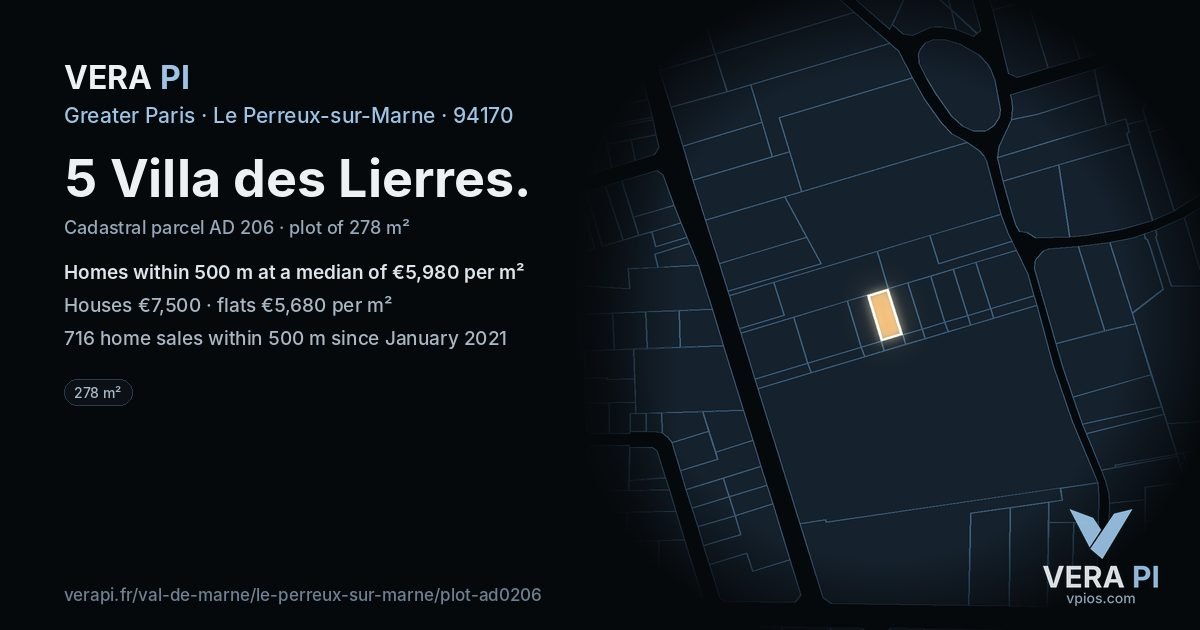 5 Villa des Lierres, Le Perreux-sur-Marne at night – the plot lit, the parcels around coloured by the prices near them