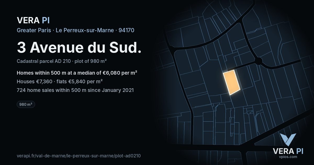 3 Avenue du Sud, Le Perreux-sur-Marne at night – the plot lit, the parcels around coloured by the prices near them