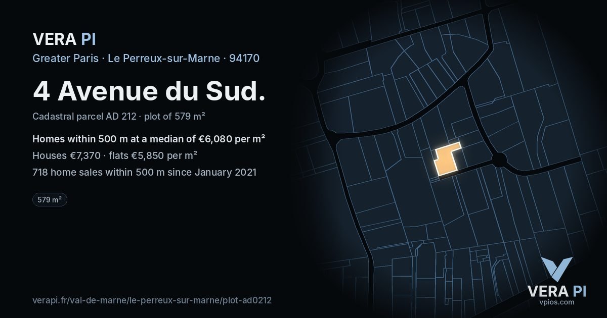 4 Avenue du Sud, Le Perreux-sur-Marne at night – the plot lit, the parcels around coloured by the prices near them