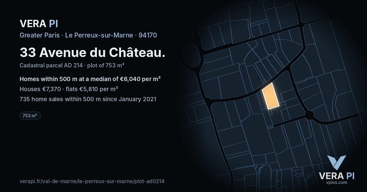 33 Avenue du Château, Le Perreux-sur-Marne at night – the plot lit, the parcels around coloured by the prices near them