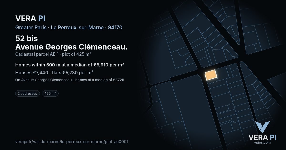 52 bis Avenue Georges Clémenceau, Le Perreux-sur-Marne at night – the plot lit, the parcels around coloured by the prices near them