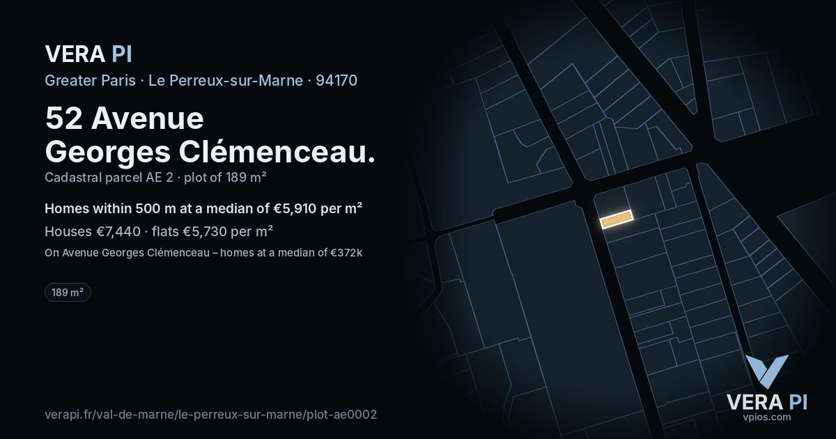 52 Avenue Georges Clémenceau, Le Perreux-sur-Marne at night – the plot lit, the parcels around coloured by the prices near them