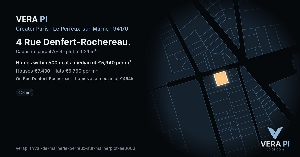 4 Rue Denfert-Rochereau, Le Perreux-sur-Marne at night – the plot lit, the parcels around coloured by the prices near them