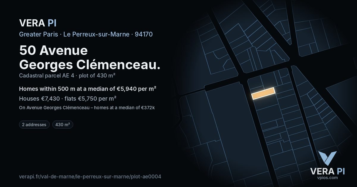 50 Avenue Georges Clémenceau, Le Perreux-sur-Marne at night – the plot lit, the parcels around coloured by the prices near them