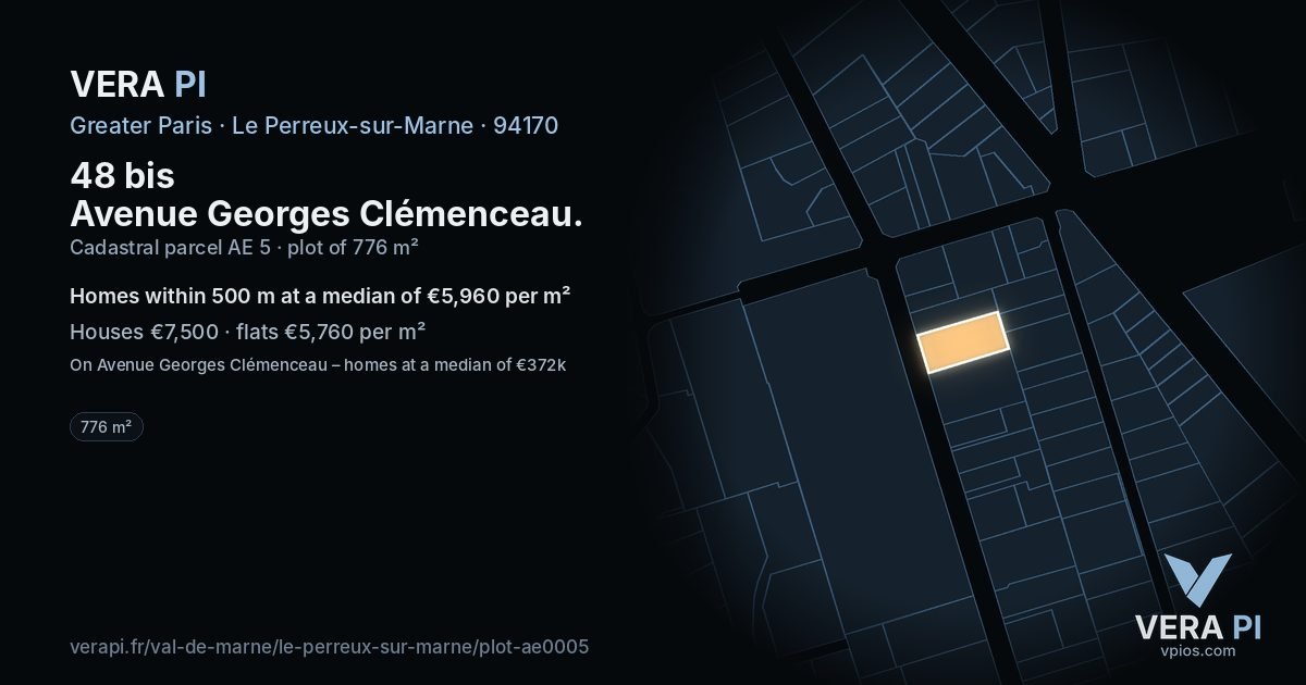 48 bis Avenue Georges Clémenceau, Le Perreux-sur-Marne at night – the plot lit, the parcels around coloured by the prices near them