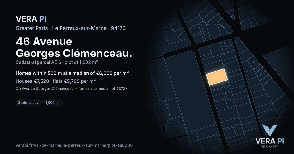 46 Avenue Georges Clémenceau, Le Perreux-sur-Marne at night – the plot lit, the parcels around coloured by the prices near them