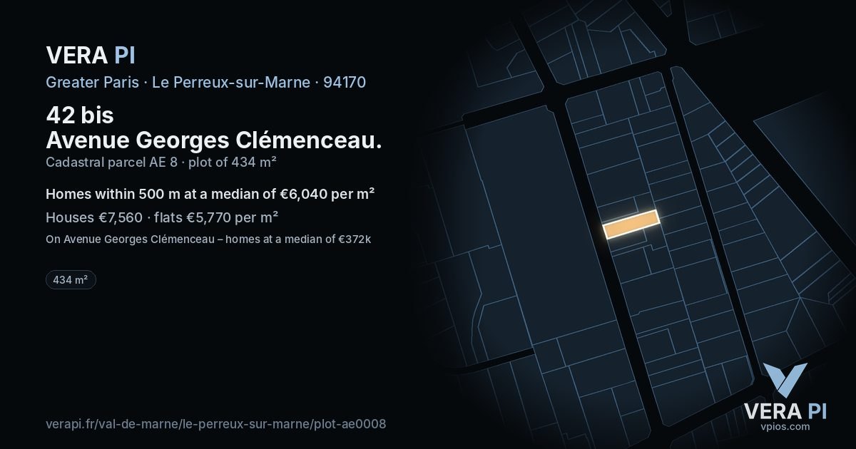 42 bis Avenue Georges Clémenceau, Le Perreux-sur-Marne at night – the plot lit, the parcels around coloured by the prices near them