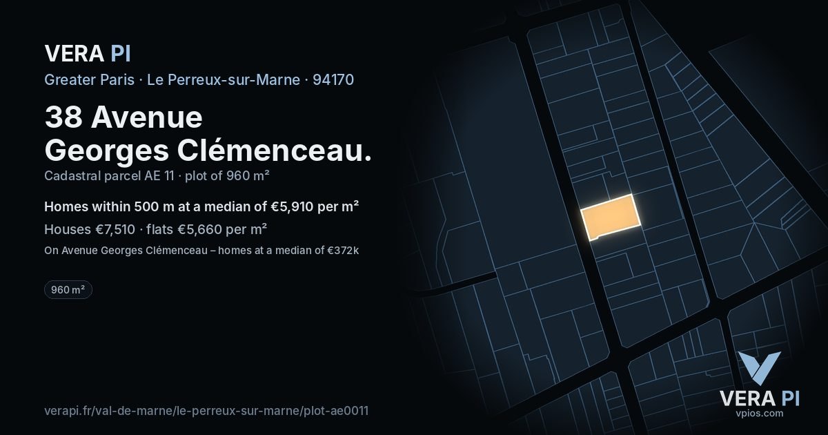 38 Avenue Georges Clémenceau, Le Perreux-sur-Marne at night – the plot lit, the parcels around coloured by the prices near them