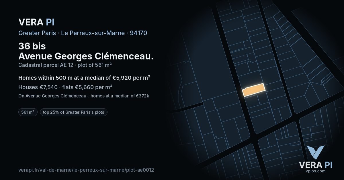 36 bis Avenue Georges Clémenceau, Le Perreux-sur-Marne at night – the plot lit, the parcels around coloured by the prices near them