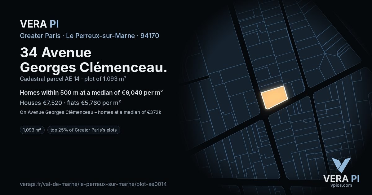 34 Avenue Georges Clémenceau, Le Perreux-sur-Marne at night – the plot lit, the parcels around coloured by the prices near them