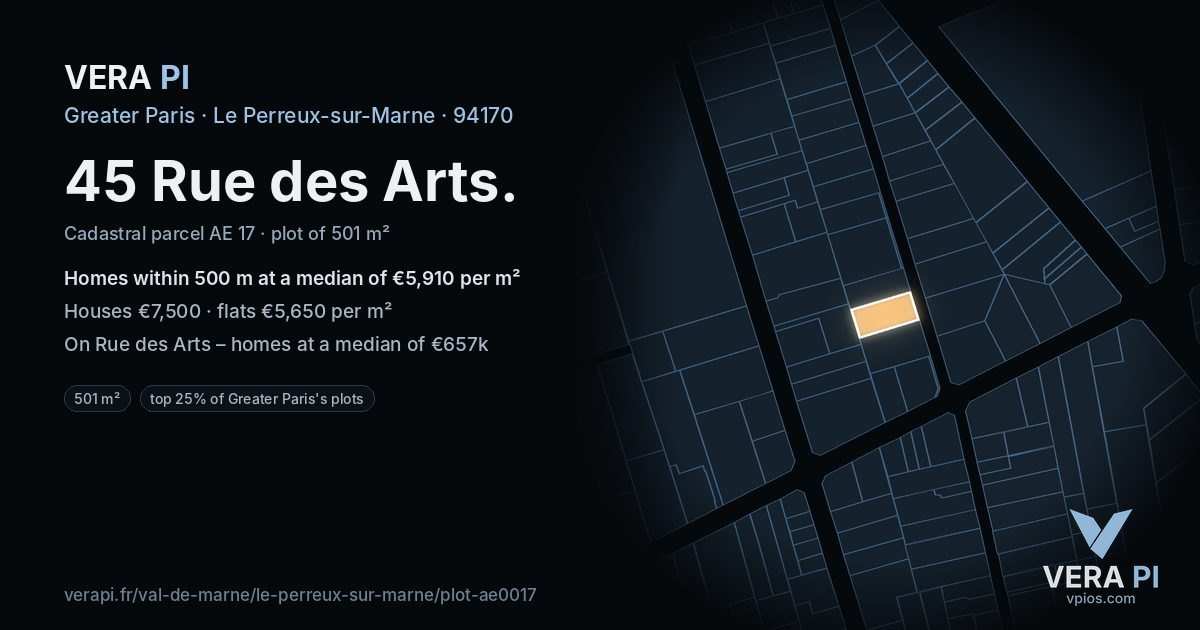 45 Rue des Arts, Le Perreux-sur-Marne at night – the plot lit, the parcels around coloured by the prices near them