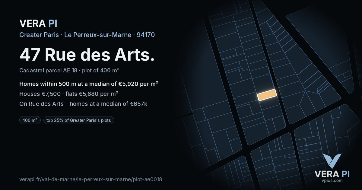 47 Rue des Arts, Le Perreux-sur-Marne at night – the plot lit, the parcels around coloured by the prices near them