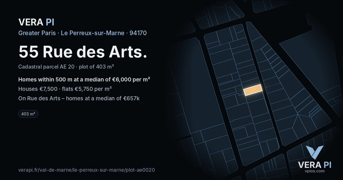 55 Rue des Arts, Le Perreux-sur-Marne at night – the plot lit, the parcels around coloured by the prices near them