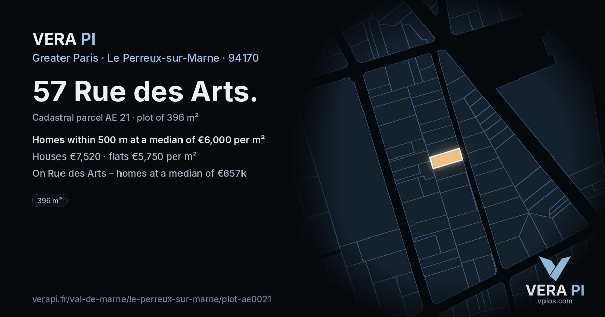 57 Rue des Arts, Le Perreux-sur-Marne at night – the plot lit, the parcels around coloured by the prices near them